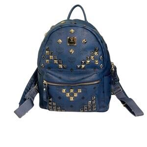 MCM Munchen Blue Leather Embellished Golden & Silver Studded Backpack